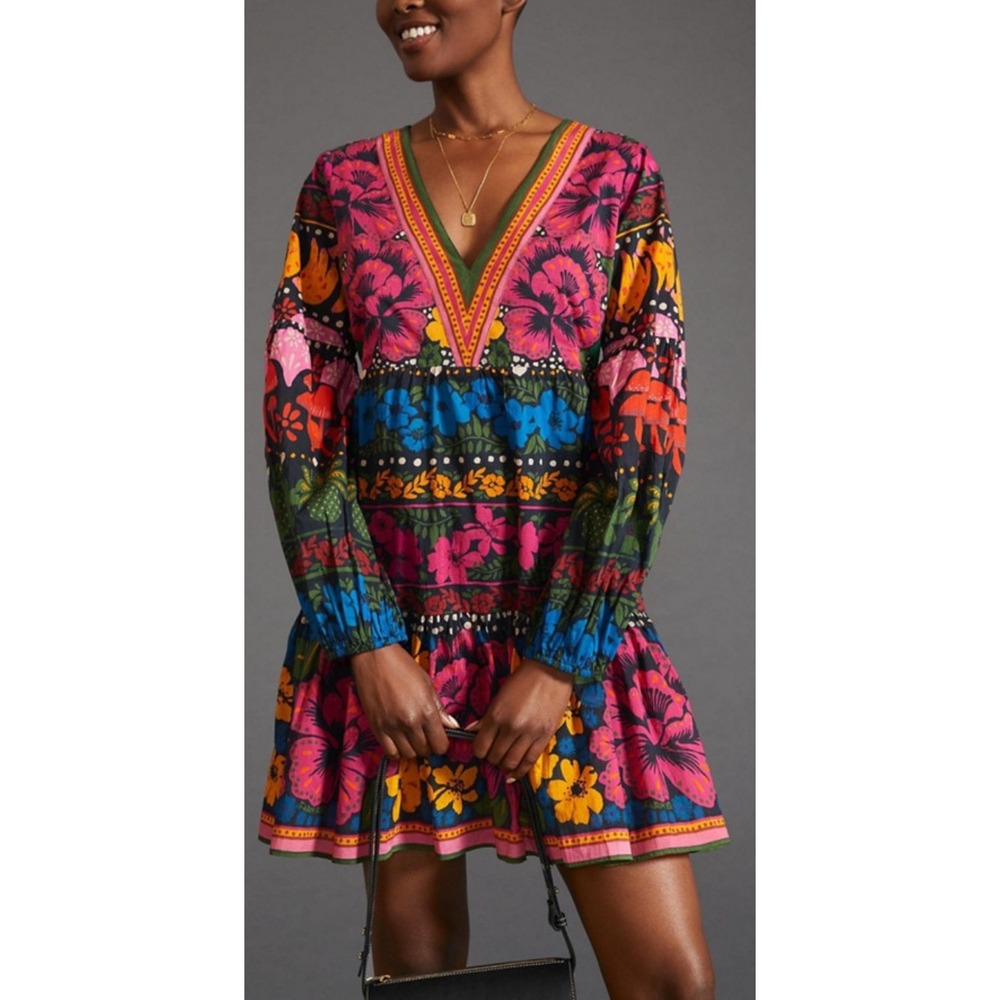Farm Rio Anthropologie Floral Puff Sleeve Mini Tunic Dress Tiered Boho Pocket XS